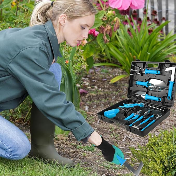 Gardening Tool Set 11 Pieces Gardening Tools with Carrying Case Garden Tool Kit for Digging Planting Pruning Unique Gardening Set with Gloves for Women and Men (Blue)