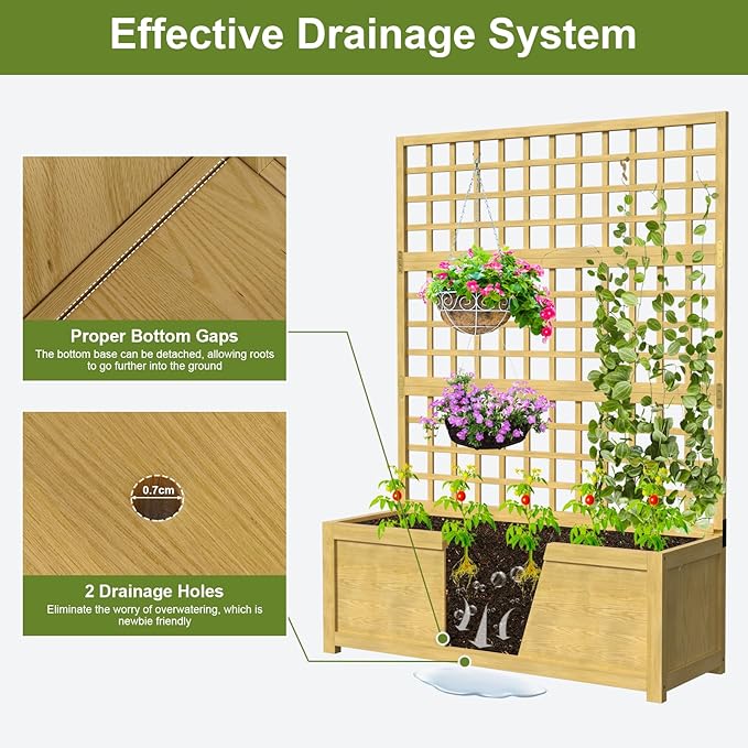 Raised Garden Bed with Trellis Freestanding Wood Planter Box w/Drainage Holes for Vine Climbing Plants Flowers Elevated Garden Box Outdoor Planter with Trellis for Patio Balcony