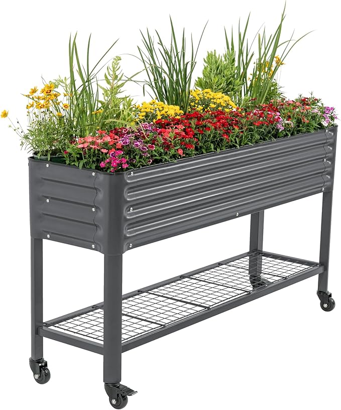 Rolling Elevated Raised Garden Bed - Slim Series 1.5' x 5.5' Outdoor Planters Boxes with Legs &amp Storage Rack for Patio 750 Lbs Weight Capacity Raised Beds for Gardening Herbs Flowers Modern Gr