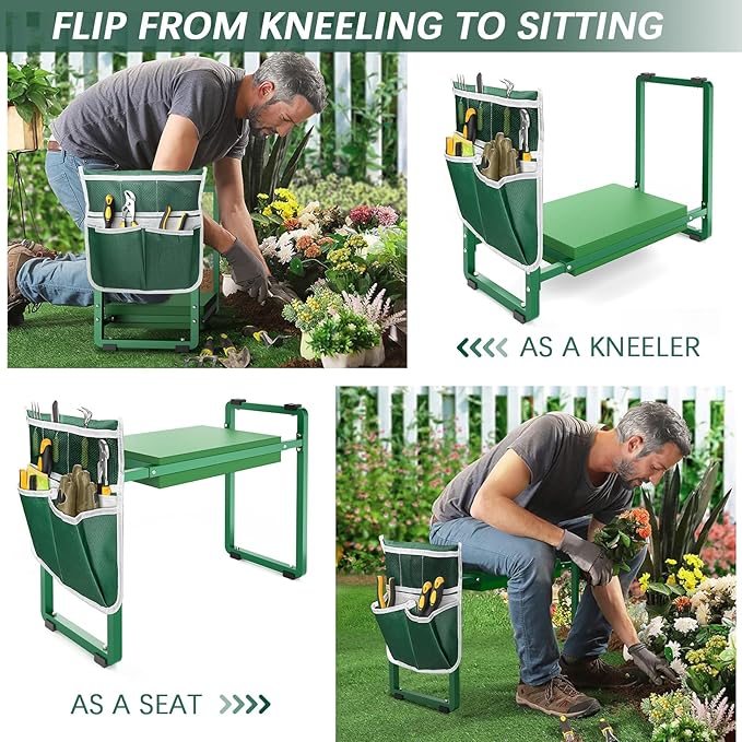 FLINTER Garden Kneeler and Seat 10.2 Wider Heavy Duty Thick Gardening Bench for Kneeling and Seat - Multifunctional Kneeler Bench Gardening Gifts for Women Seniors Grandparents Green