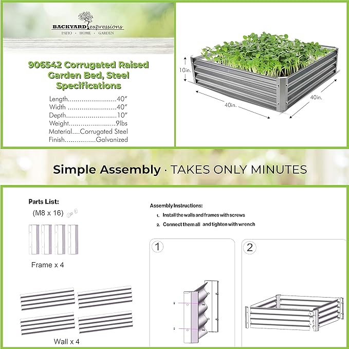 Backyard Expressions Galvanized Raised Garden Beds for Vegetables Large Metal Planter Box Steel Kit Flower Herb - 40x 40x 10.5H