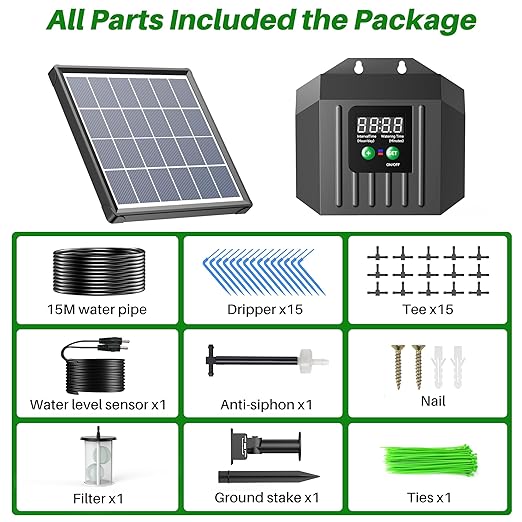 Biling 3W Solar Drip Irrigation System Digital Programmable Smart Watering Kit with 2200mAh Battery for 15 Potted Plants Indoor/Outdoor Use