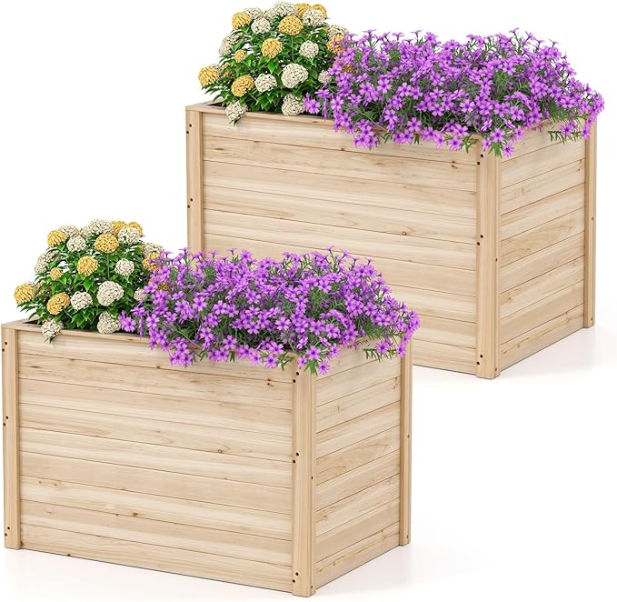 Giantex Set of 2 Wood Raised Garden Bed 40x25x26 Elevated Planter Box w/Open-Ended Base for Deep-Rooted Plant Vegetable Fruit Flower Outdoor Solid Wood Planter for Patio Backyard (40x25x26)