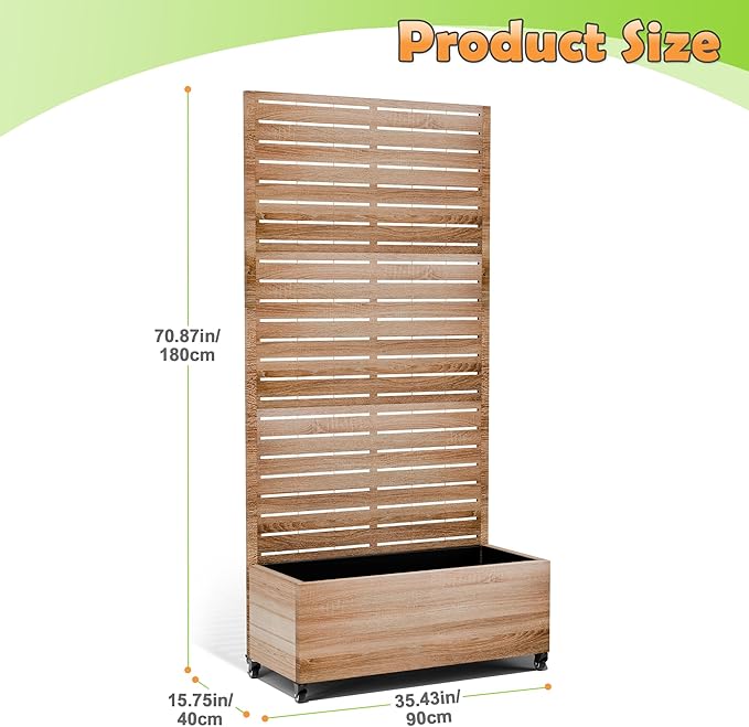 Metal Raised Garden Bed with Trellis 2-in-1 Planter Box &amp Privacy Screen for Climbing Plants Outdoor Standing Flower Bed with Drainage Holes 35.4 L x 15.7 W x 70.1 H Cut Oak Grain