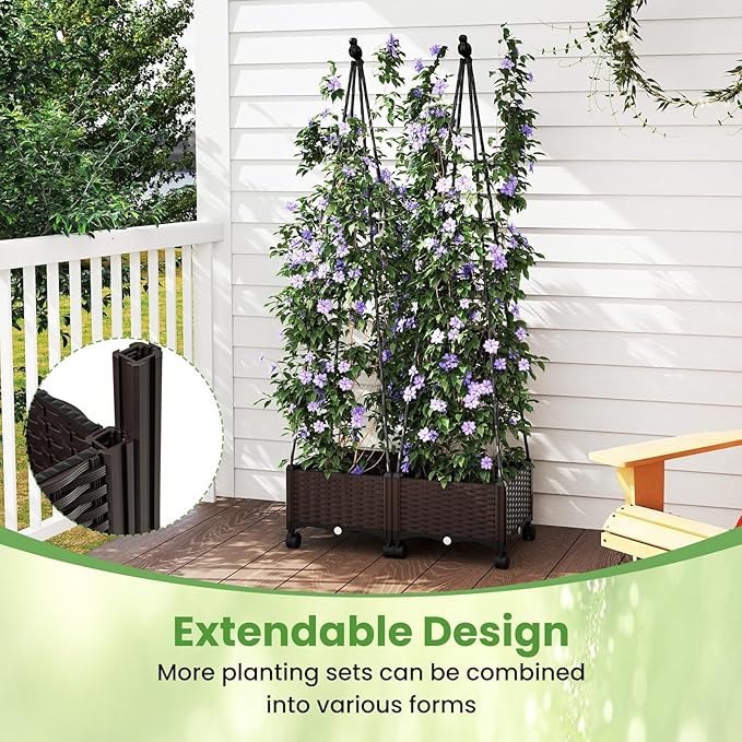 HAPPYGRILL 71 Garden Trellis for Climbing Plants Self-Watering Raised Garden Bed w/Obelisk Trellis Lockable Wheels Adjustable Height Indoor Outdoor Vertical Planter Box for Flower Vine (1)