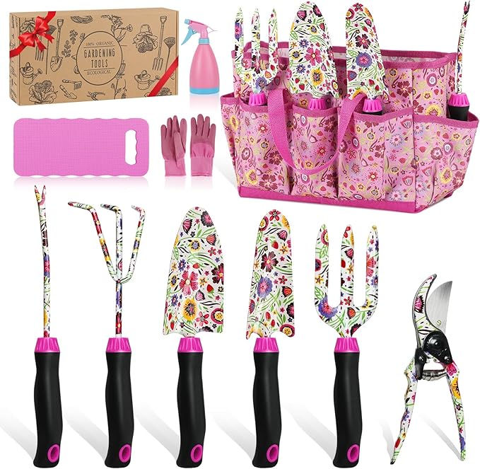 Housolution 900D Standable Gardening Tool Bag and 10 PCS Gardening Tool Set with Large Garden BagFloral Pattern Gardening Tool Set Gifts for WomenHome Tools Organizer Garden Tool Kit Holder