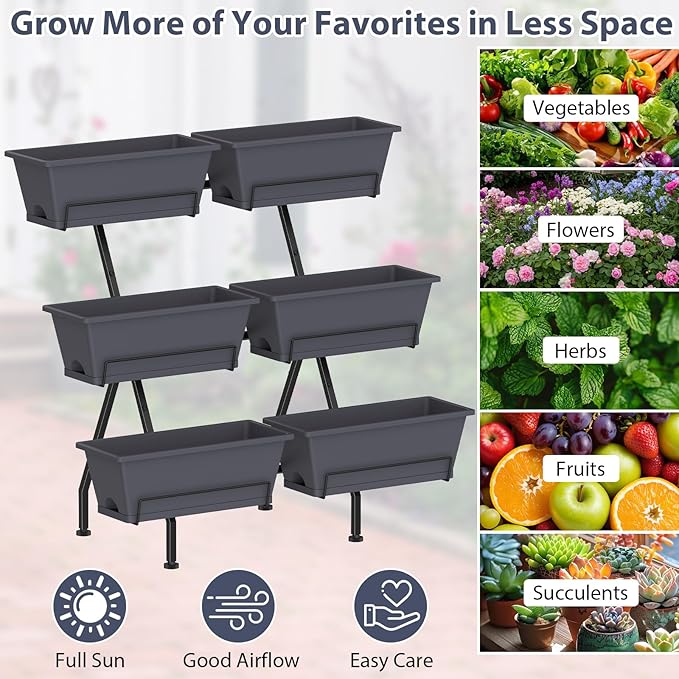 Sunexinlo 3-Tier Vertical Garden Planter with 6 Boxes 31 Tall Raised Garden Bed with Adjustable Feet for Herbs Flowers Vegetables Ideal for Indoor Outdoor Patio Balcony Deck Use Gray