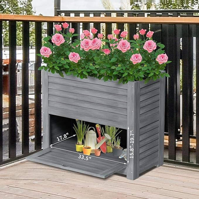 Raised Garden Bed with Extra Storage Compartments Outdoor 34 x 18 x 30 Wood Elevated Garden Box Wooden Planter Box for Herbs Vegetables Flowers Backyard Patio Balcony