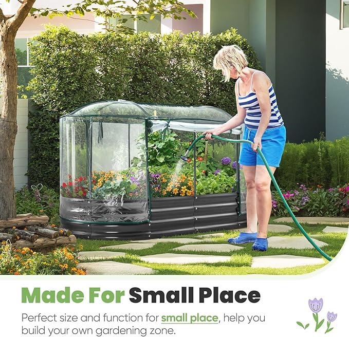 KING BIRD Raised Garden Bed with Cover Galvanized Oval Planter Garden Box Outdoor for Gardening Vegetables Flowers 71x36x12 in White