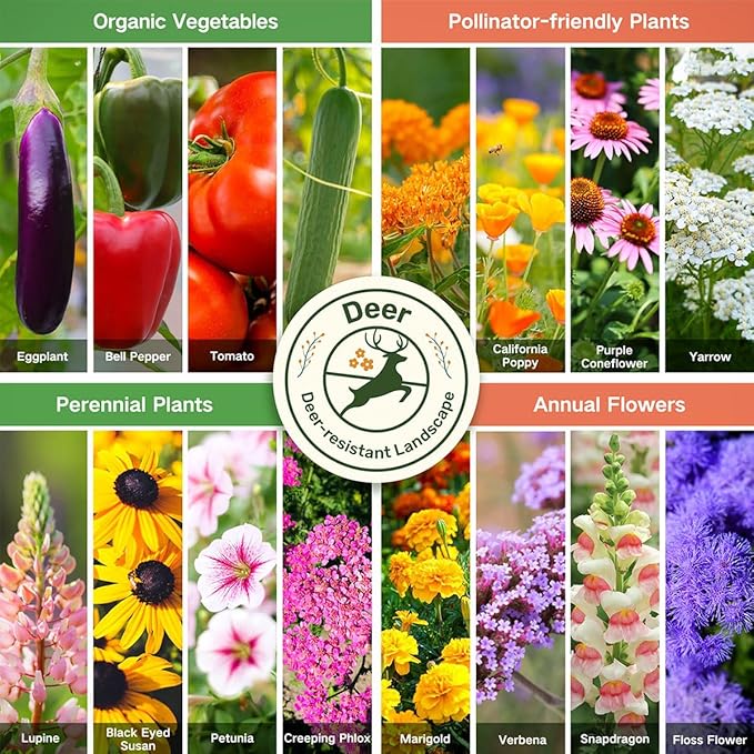 Lush&ampDew Deer-Resistant Heirloom Seed Bank Gardening Gifts for Women Men 16 Varieties of Non-GMO Seeds for Planting Perennials Annuals Flowers Pollinator Friendly Garden (USDA Zone 3-10)