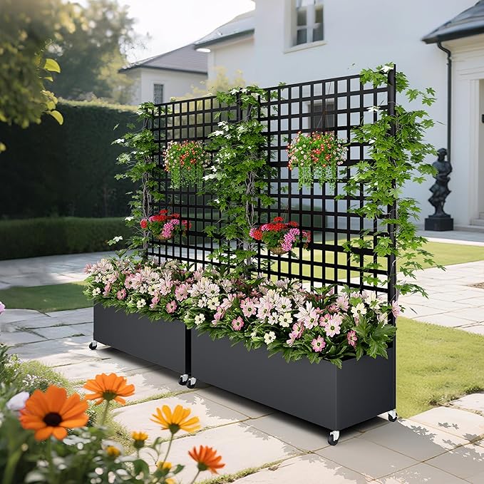 Metal Planter Box with Trellis Privacy Screen Raised Garden Bed with Lattice Trellis &amp Wheels Privacy Planters for Patio Planter Box for Climbing Plants Flower 73x 47x 16 Black