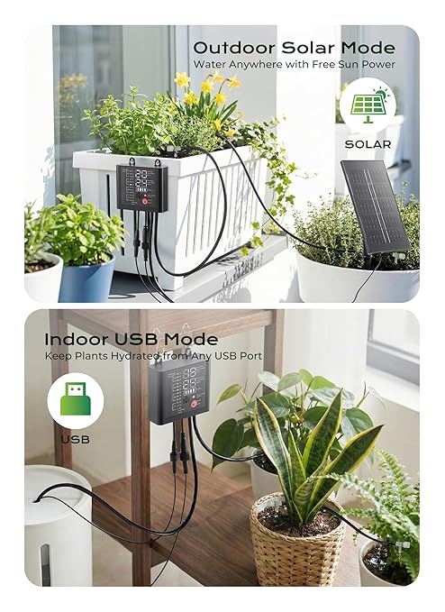 Solar Drip Irrigation System with USB Charging 49FT Indoor Outdoor Plant Watering Devices for 15 Potted Plants Automatic Watering System IP44 Waterproof 2200mAh for Garden Farm Greenhouse(Black)