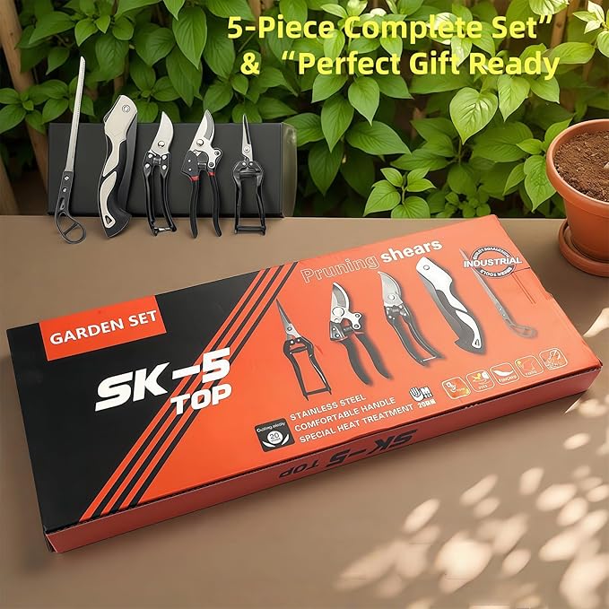 5-Piece Gardening Tool Set with 3 Pruning Shears &amp 2 Folding Saws Professional Stainless Steel Blades for Tree Trimming Branch Cutting Bonsai Care Camping (Gift Ready)