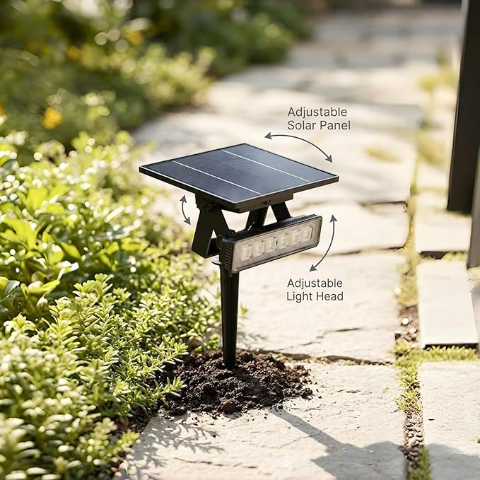 Solar Spotlight Outdoor Single Warm White Solar Garden Light with Adjustable Head and Panel Dual Installation Ground Stake or Wall Mount Auto on/Off Landscape Light for Yard Pathway Patio
