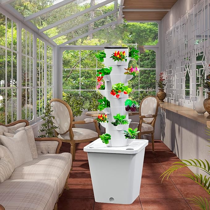 Hydroponics Tower Grow Kit - 25 Holes Aeroponics System with LED Grow Lights for Fruits &amp Seeds - Indoor Garden Seeding Bed &amp Aquaponics Planting Solutions