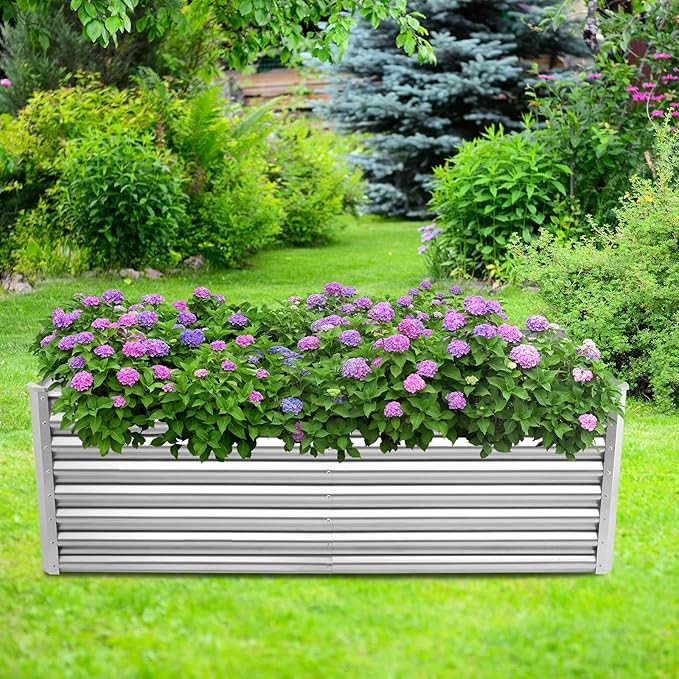 Rectangular Flowers Garden BedsMetal Outdoor Planter BoxLarge Backyard Patio Gardening BoxesGalvanized Raised Garden Bedwith Safety Edging &amp Glovesfor Planting Vegetables Fruits Herbs (Silver