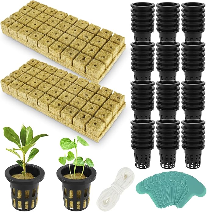 1.5inch Hydroponics Cubes 72 Set Cubes with 72 Net Cups 30 Label Good Absorption Hydroponics Mesh Net Cup Kit for Hydroponics Soilless Cultivation Seedlings Cuttings Clone Plants