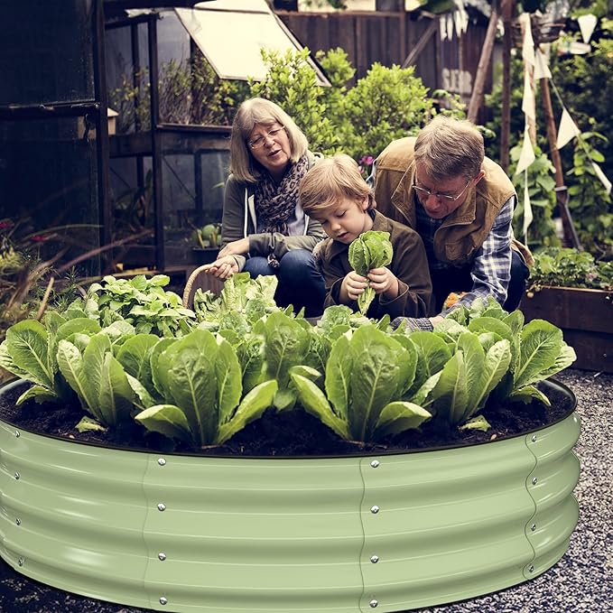 Raised Garden Bed Kit 4x4x1 ft Round Galvanized Planter Box Outdoor with Safety Edging Large Metal Raised Beds for Gardening Vegetables Flower Fruits (Avocado Green)