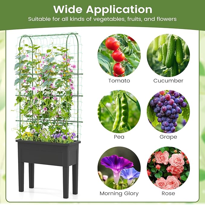 Giantex Raised Garden Bed with Legs &amp Trellis for Climbing Plants Self-Watering Planter Box w/Water Level Gauge for Vine Flower Herb Vegetable (29.5x13.5x76)