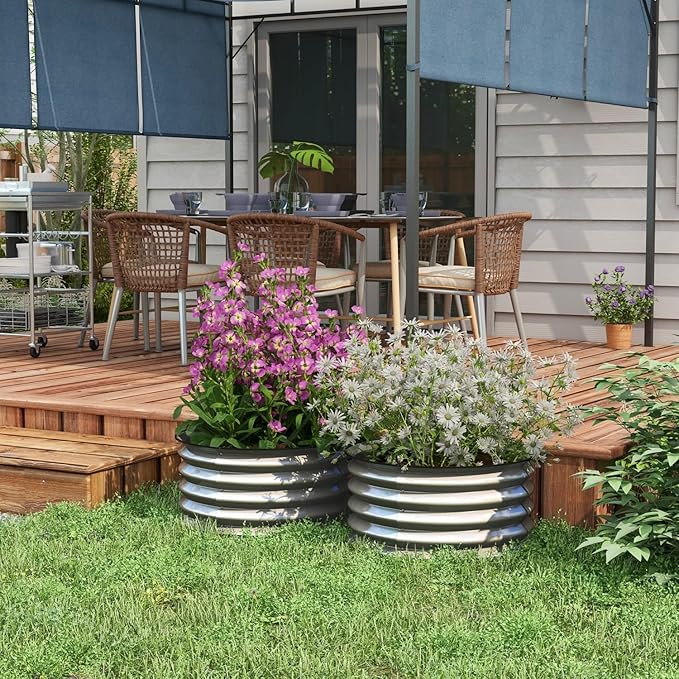 Galvanized Raised Garden Bed Set of 2 Silver - Grow Flowers Herbs Vegetables Outdoor Plants