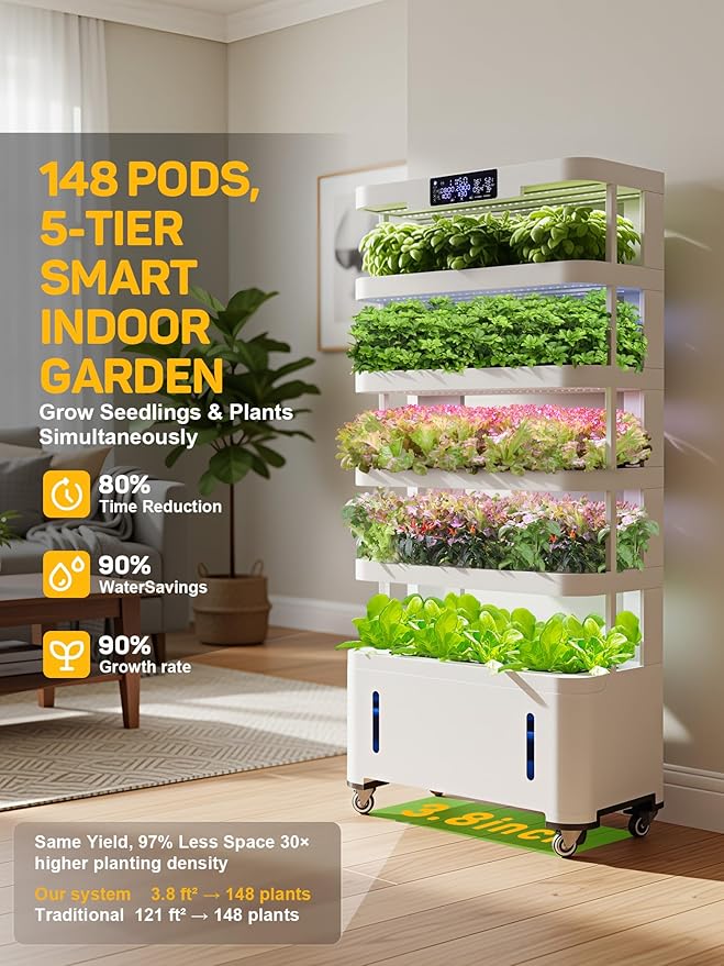 Large Hydroponics Growing System 148-Pod Vertical Indoor Garden Hydroponic Tower with Full-Spectrum Grow Lights Ultra-Quiet Pump Dual Water Tanks 30-Day Self-Managed for Home &amp Commercial