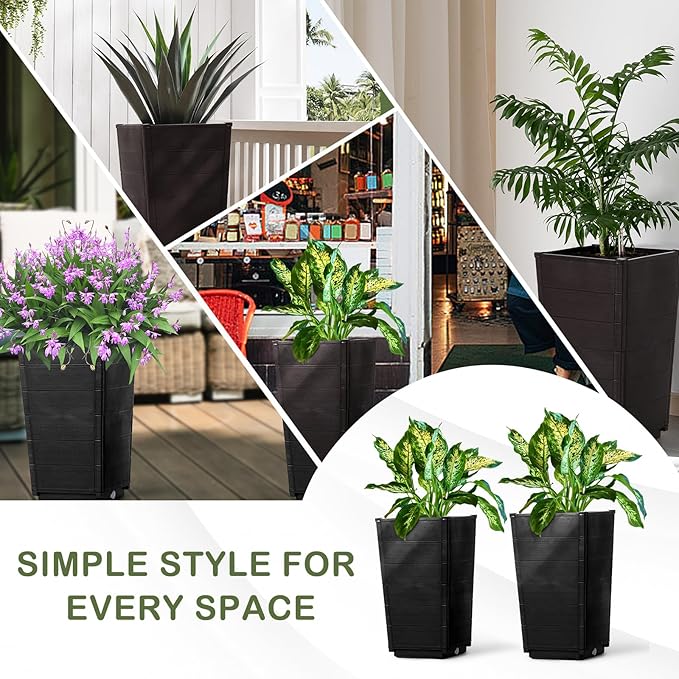 2 Pack Outdoor Garden Flower Standing Planter BoxOutdoor Tall Plastic Planter SetIndoor Outdoor Flower BedVertical Flower Pot Standwith Drainage Holesfor Patio Porch Yard Balcony (Dark Brown)