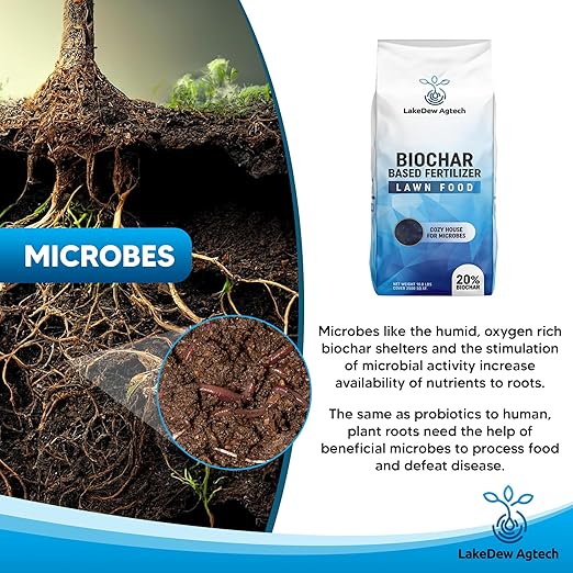 LakeDew Biochar Lawn Fertilizer 16‑0‑8 – Moisture Retention &amp Microbial Boost – Fix New Construction or Sandy Soils – Eco‑Friendly Covers 2500‑6000 sq ft (19.6lb)