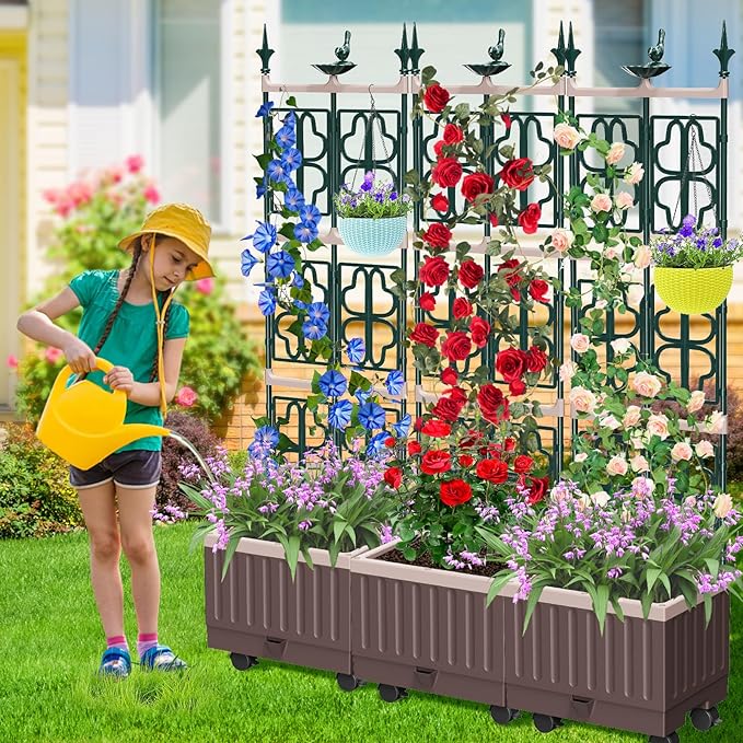 Raised Garden Bed Planter Boxes with Trellis61.4 Self-Watering Trellis with Planter Box for Climbing Plants Flowers Vegetables with WheelsUse for Indoor Outdoor