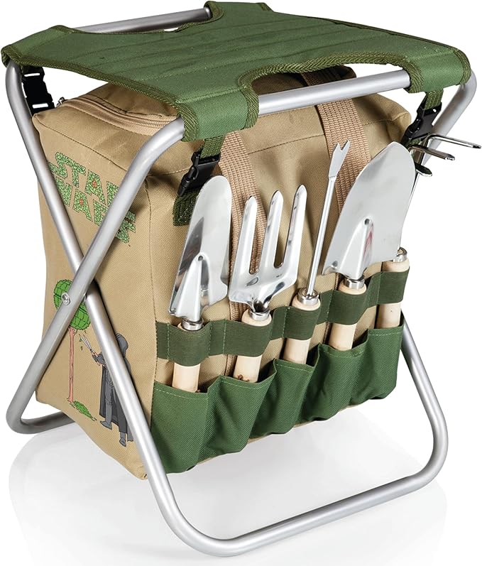 Picnic TIME Star Wars Darth Vader Gardener Folding Seat with Tools Folding Garden Stool with Detachable Tote and Hand Tool Set Organizer Portable Gardening Chair (Olive Green with Beige Accents)