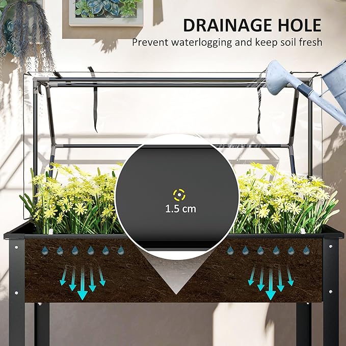 Outsunny Raised Garden Bed with Flip-Up Greenhouse Cover Elevated Planter Box with Legs and Drainage Hole for Vegetables Flowers Herbs 39.4 x 18.9 x 48.8 Black