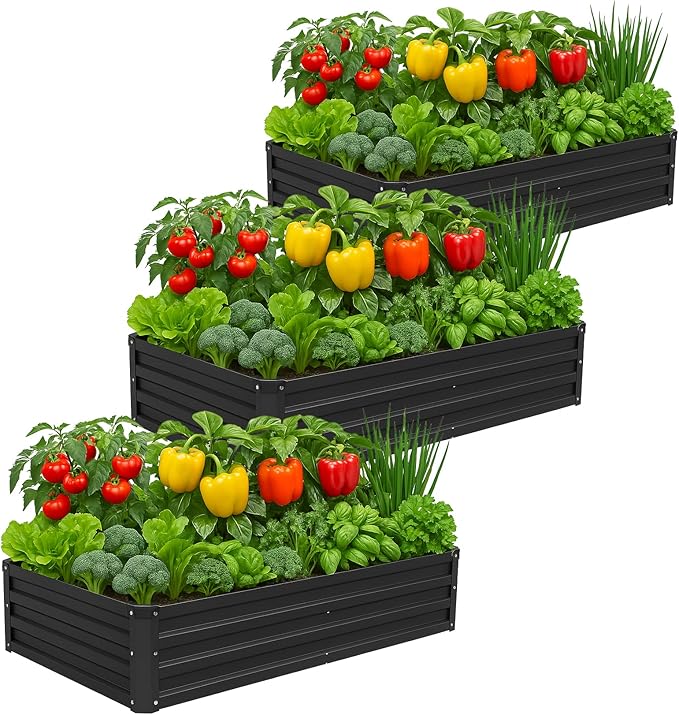 3 Pack 6x3x1FT Galvanized Raised Garden Beds Kit Outdoor Metal Gardening Planter Box for Vegetable Elevated Flower HerbsBlack