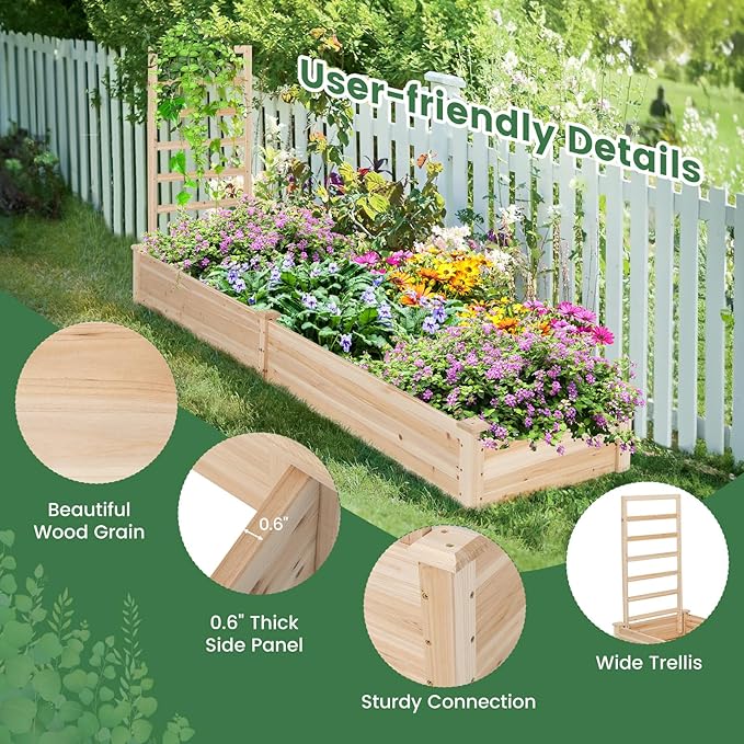 Giantex Raised Garden Bed with Trellis 93 L x 25 W x 40 H Wood Planter Box for Vegetables Flowers Herbs Fruits Climbing Plants Cucumber Easy Assembly Outdoor Rectangular Floor Gardening Beds