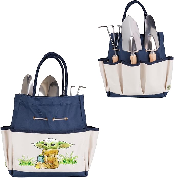 Picnic TIME Star Wars Mandalorian Grogu Garden Bag with Tool Set Garden Tool Organizer Bag Gardening Tools Gifts for Women and Men (Navy Blue with Beige Accents)