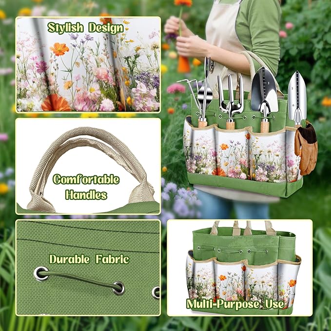 Garden Tools 9-Piece Heavy Duty Gardening Hand Tools with Floral Organizer Tote Bag Rust-Proof Garden Tool Set Thickened Repotting Mat Gardening Gifts for Women Mom Green
