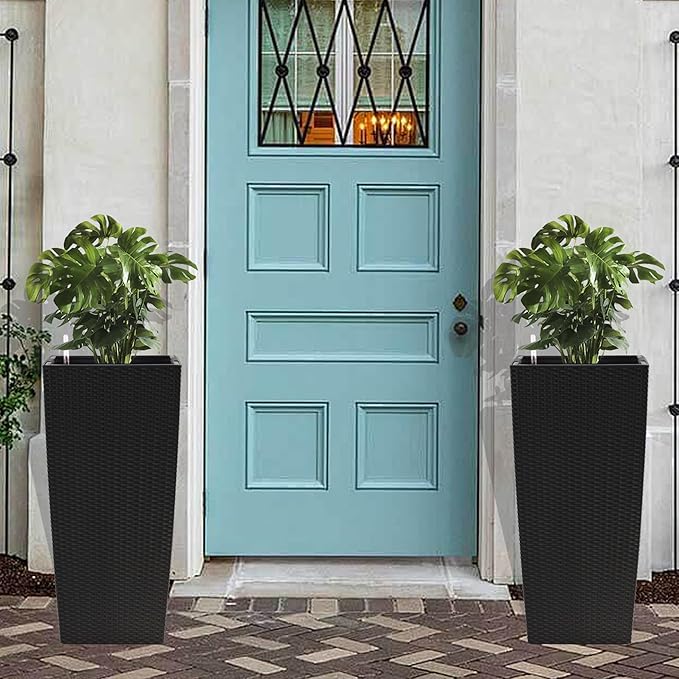 IndoorOutdoor Faux Rattan Square Planter 30 Inch Black Plastic Large Planter with Automatic Watering System for Home and G(Black 30 Inch 1)