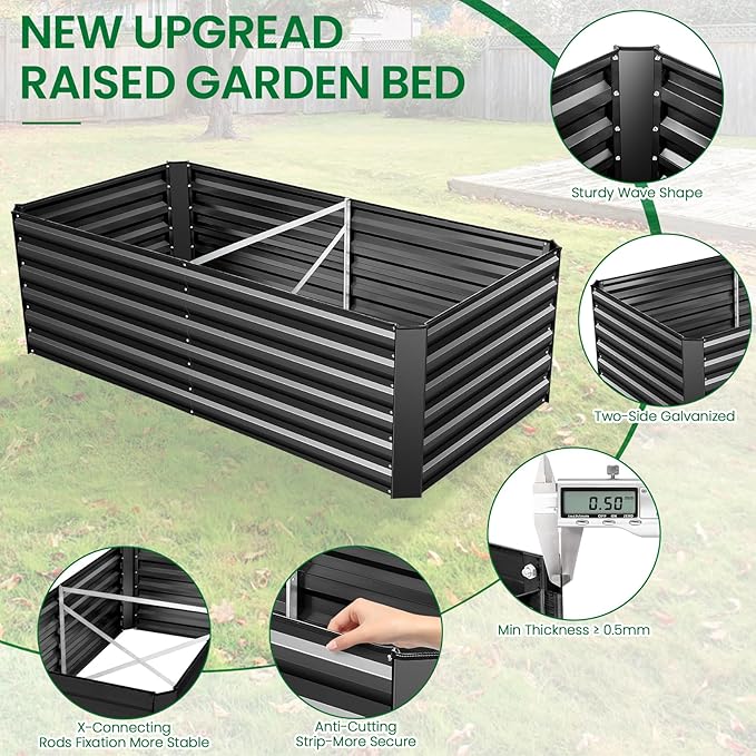 TEANDE 6x3x2FT Raised Garden Bed Kit Galvanized Planter Raised Garden Boxes Outdoor w/Anti Cutting Strip &amp A Pair of Gloves Deep Root Raised Planter for Vegetables Fruits Flowers and Herbs Bl