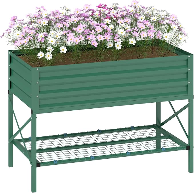 Outsunny Raised Garden Bed with Galvanized Steel Frame Storage Shelf and Bed Liner Elevated Planter Box with Legs for Vegetables Flowers Herbs Green