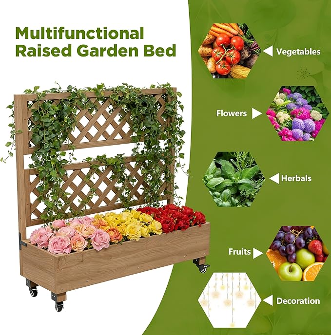 Raised Garden Bed with Wheels Outdoor Large Garden Planter Box Tomato Flower Pots with Standing Diamond Lattice Trellis for Vegetables Vines Herbs Fruits &amp Climbing Plants (Grid Upright Trellis)