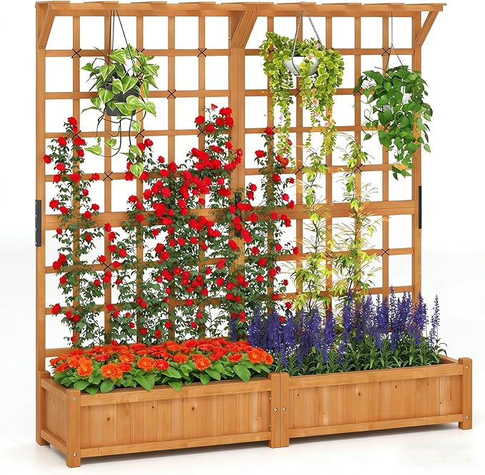 COSTWAY 71” Large Wooden Raised Garden Bed with Trellis and Hanging Roof 2 Planter Boxes 4 Drainage Holes Removable Bottom Plate for Climbing Plants Flowers Outdoor Balcony Planter