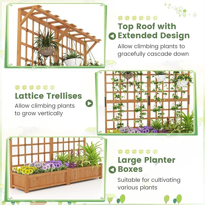 72 Raised Garden Bed with Lattice Trellis Hanging Roof &amp Drainage Holes Elevated Wooden Planter Box for Vine Climbing Plant Flower Herb &amp Vegetable