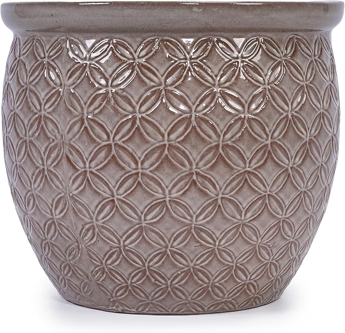Handmade Glazed Ceramic Planter Set of 3 15139 Inch Diameter Ring Pattern for Monstera and Fiddle Leaf Fig Outdoor G Indoor Staircase Use Breathable Clay Beige