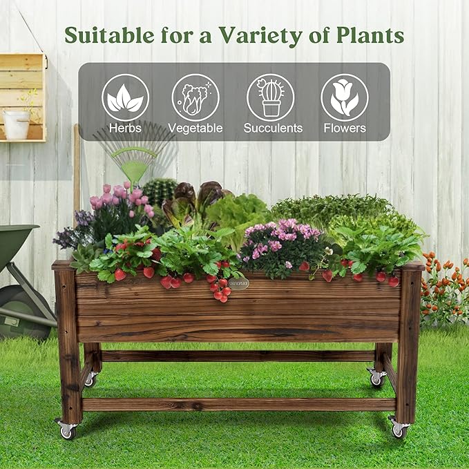 Cedar Wood Outdoor Raised Garden Bed Planter Box with Locking Wheels 41x21x20 inch Carbonization Color