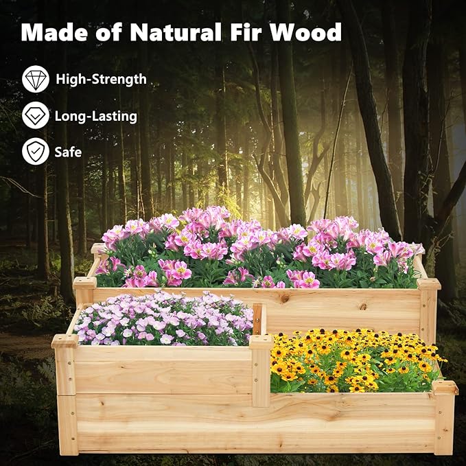 HAPPYGRILL 3-Tier Raised Garden Bed Wood Elevated Flower Box with Open-Ended Base &amp Plug-in Connector Outdoor Planter Raised Beds for Vegetables Herbs &amp Fruits
