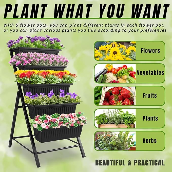 Homdox 2 Pack Vertical Garden Bed 5 Tiers Raised Garden Planter 25.6 * 26 * 48 Inch with Drainage System &amp 4 Hooks Vegetable Flower Stand for Garden Patio Yard (Black with 4 Wheels)