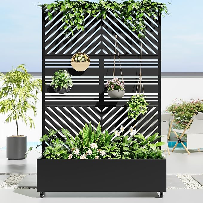 Casaphoria Metal Raised Garden Bed with Trellis and Wheels 72x47x16 Planter Box for Climbing Plants Vegetables &amp Vines Features Drainage Holes and Privacy Screen Black(Parallel&ampHarold)