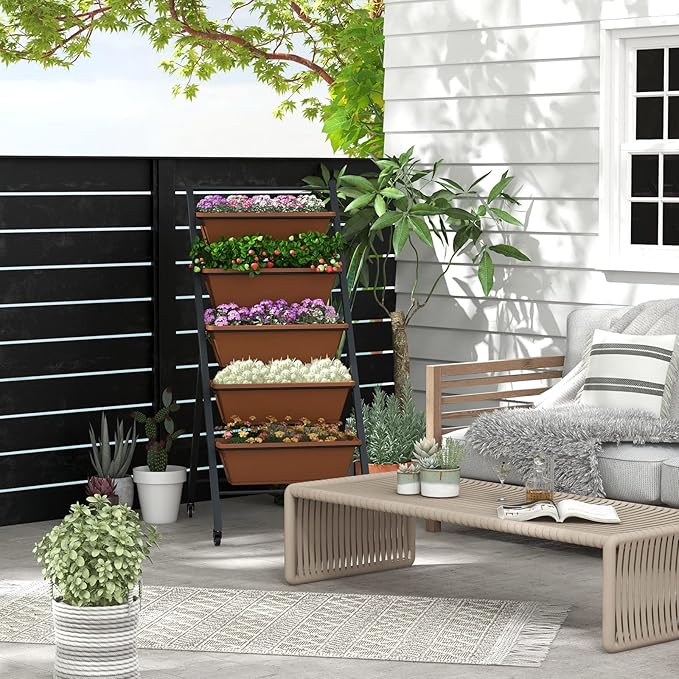 S AFSTAR 5-Tier Vertical Garden Planter Raised Garden Bed with 2 Lockable Wheels 5 Removable Planter Boxes Metal Frame Indoor Outdoor Elevated Planting Box for Flower Vegetables Fruit Herbs