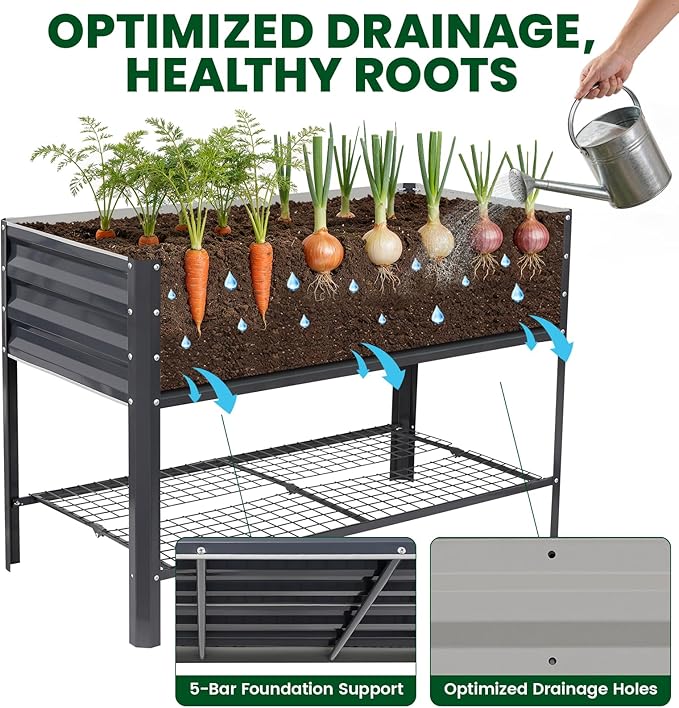 1MORE Elevated Raised Garden Bed with Legs &amp Storage Rack 48×24×32in Large Metal Raised Bed for Backyard Patio. Raised Planter Box with Drainage Holes for Plants Vegetables Flowers Fruits(Grey-1