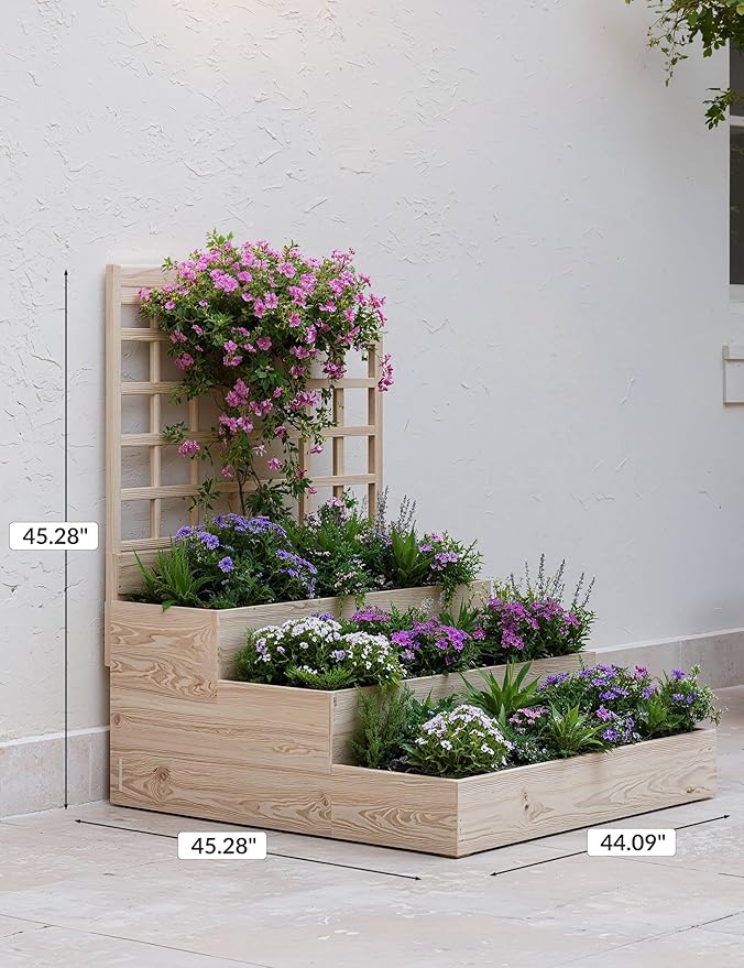 Vertical Wooden Garden Planter with Trellis – 3-Tier Raised Bed for Climbing Vines Fruits Vegetables &amp Herbs – Open-Base Design for Better Drainage – Perfect for Patio Deck or Backyard