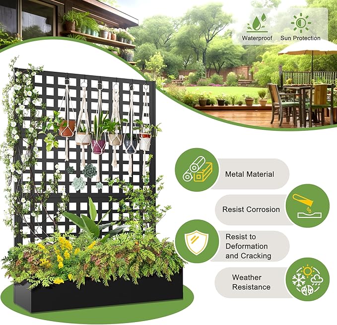 FENCY Metal Raised Garden Bed with Trellis Metal Planter Box with Trellis Garden Box for Climbing Plants Vegetable 47''Lx16''Wx71''H Garden Bed with Drainage Holes(Black)