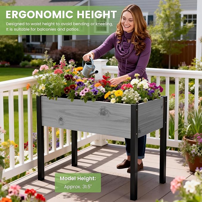 DoCred Raised Garden Bed 45.7 x 22.8 x 31.5 Large Elevated Wooden Horticulture Planter Box with Metal Legs Standing Growing Bed Planter for Gardening Balcony Backyard Patio